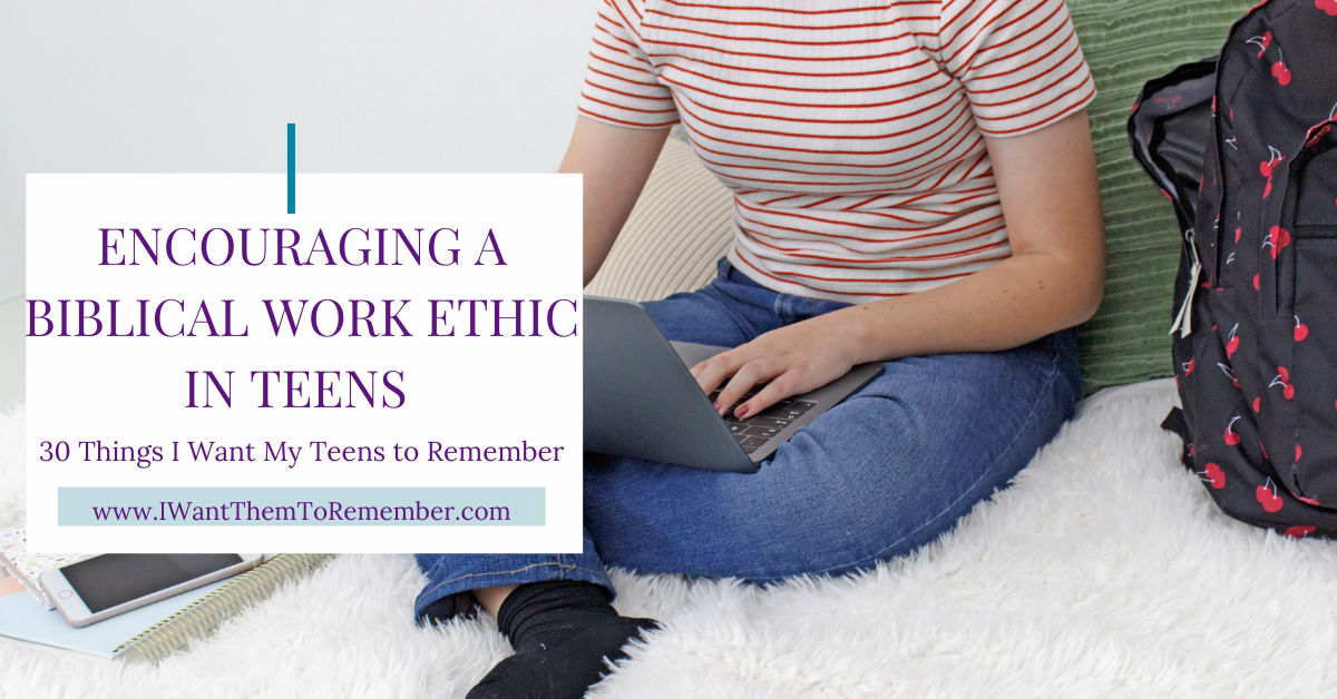 teenage girl with laptop, caption encouraging a biblical work ethic in teens