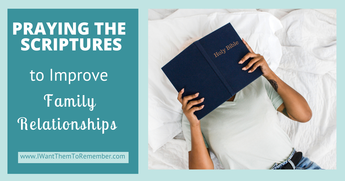 praying the scriptures to improve family relationships beside women on bed holding Bible