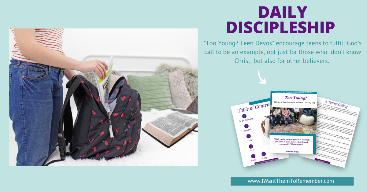 Girl opening backpack with bible on bed beside daily discipleship from 1 Timothy 4:12