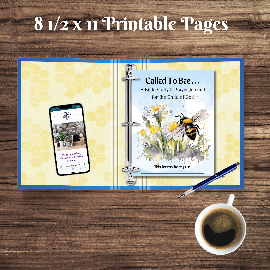 Bee Journal binder open binder with "Called to Bee" journal and cup of coffee on desk