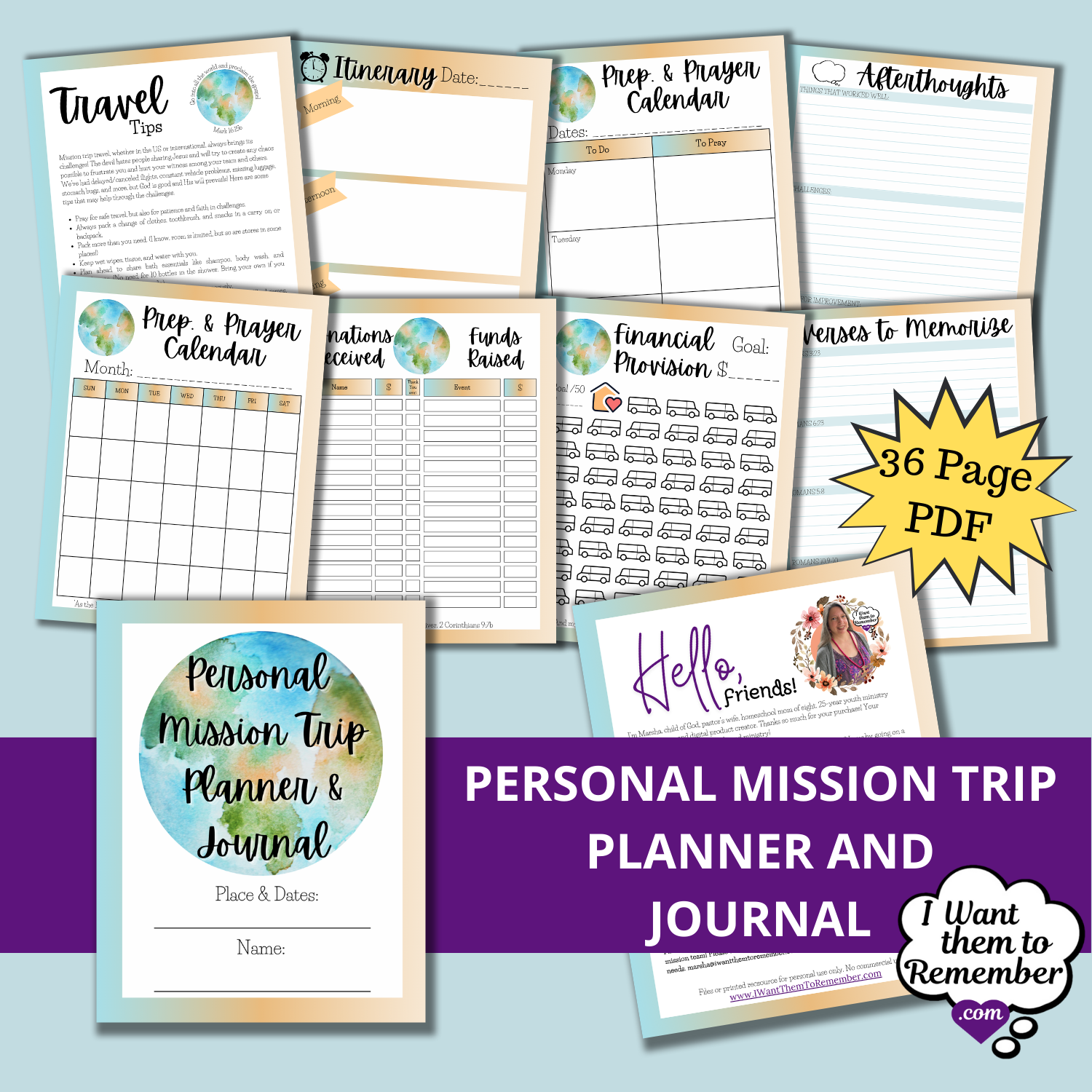 Mission trip planner frames mission trip planner journal sample pages; watercolor earth on cover